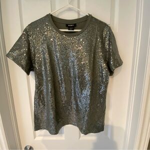 DKNY Metallic Silver Sequin Short Sleeve Tee